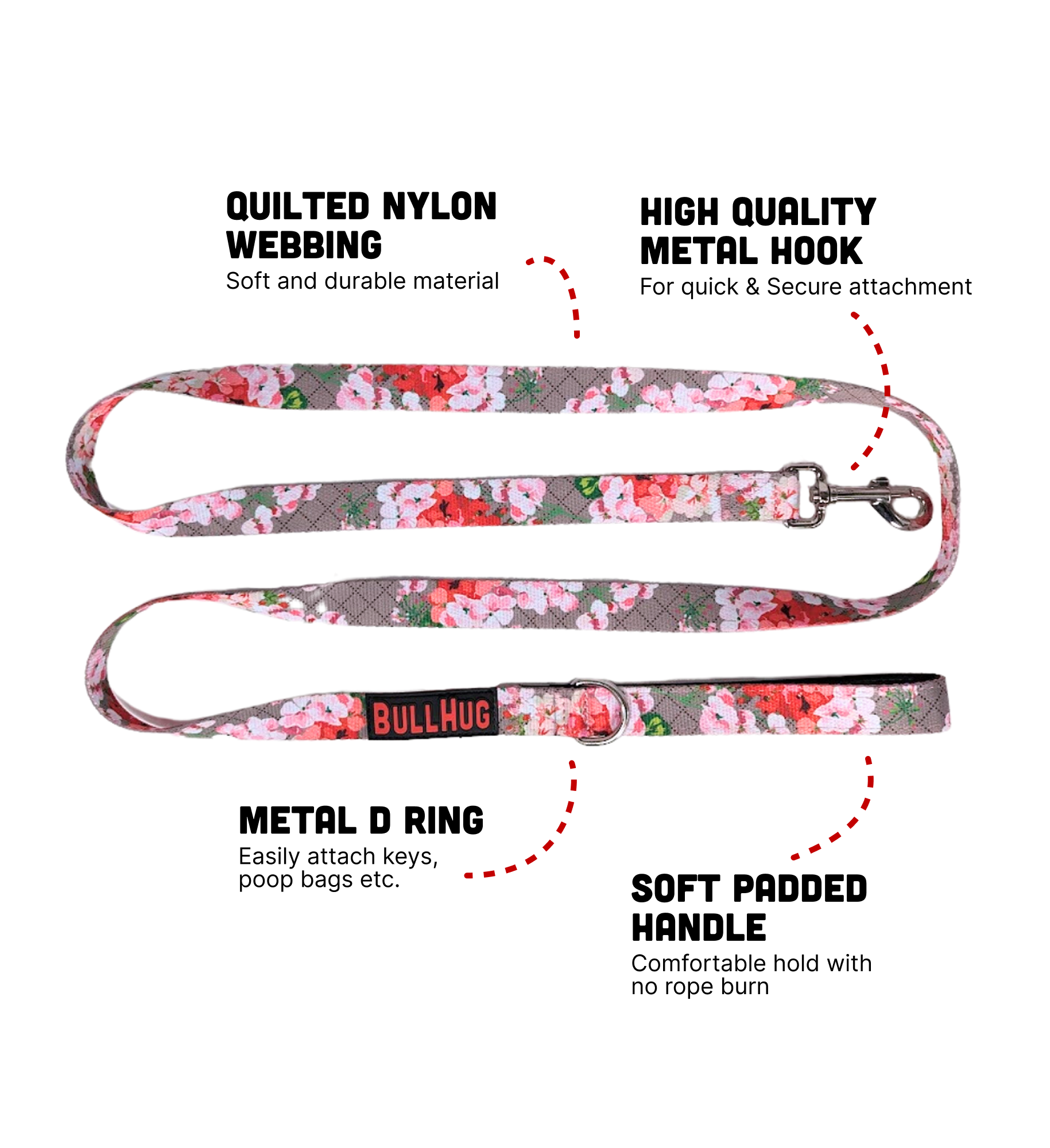 Pink Floral BullHug 6ft Dog Leash – Padded Handle