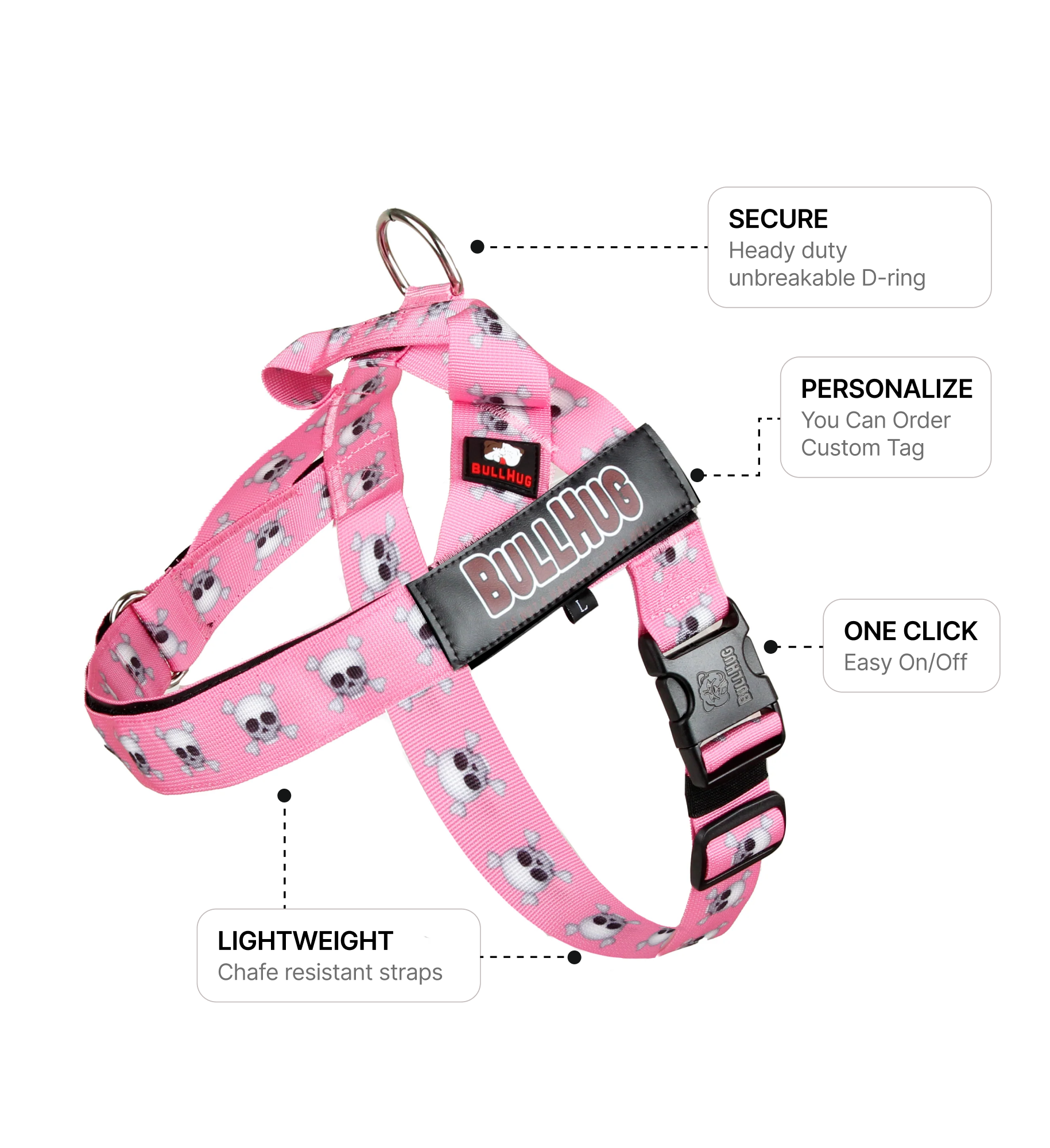 Pink Skulls BullHug Dog Harness – Non-Choking, Adjustable