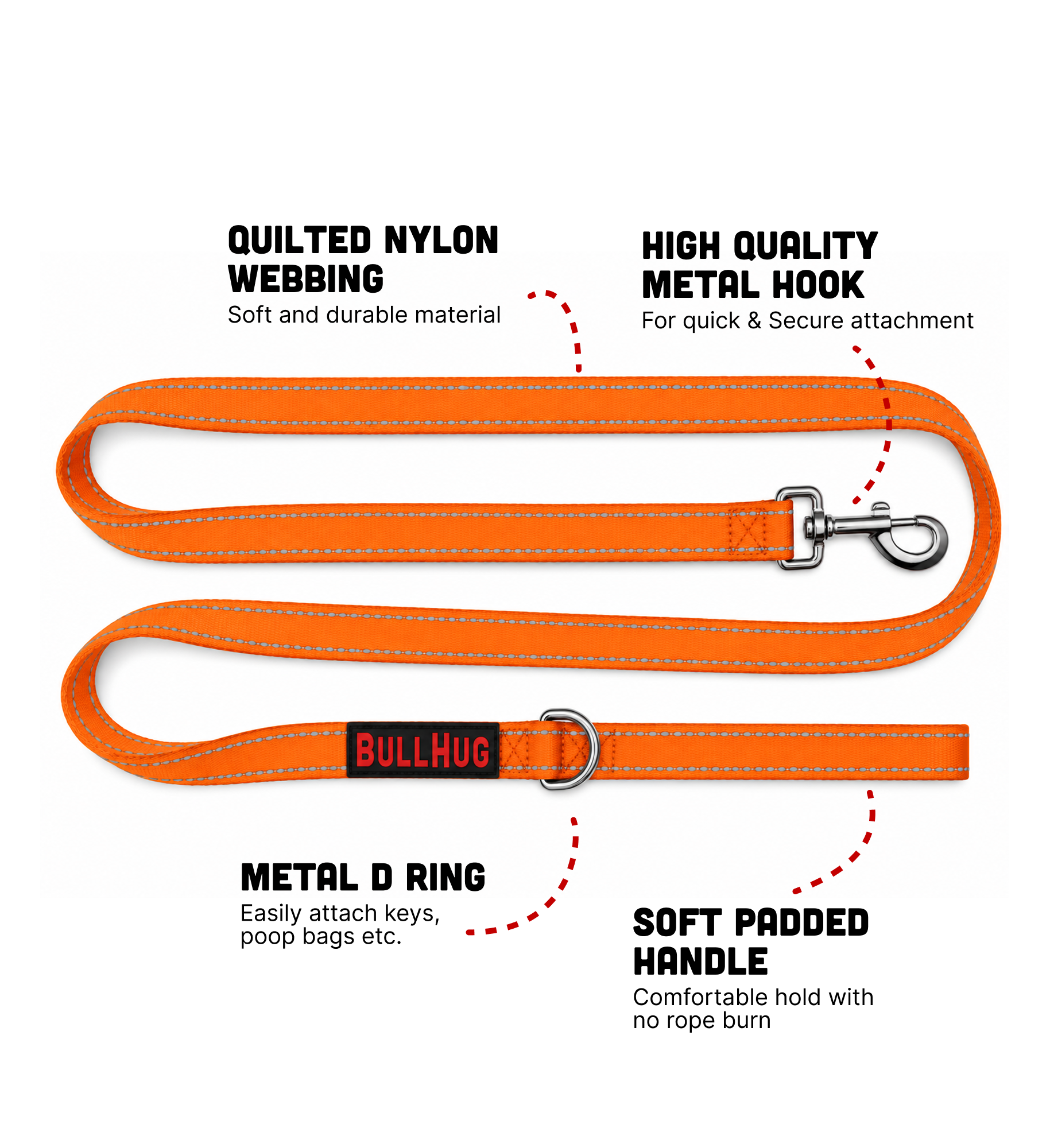 Neon Orange BullHug 6ft Dog Leash – Padded Handle