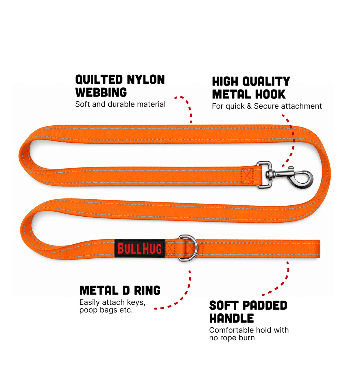 Neon Orange BullHug 6ft Dog Leash – Padded Handle