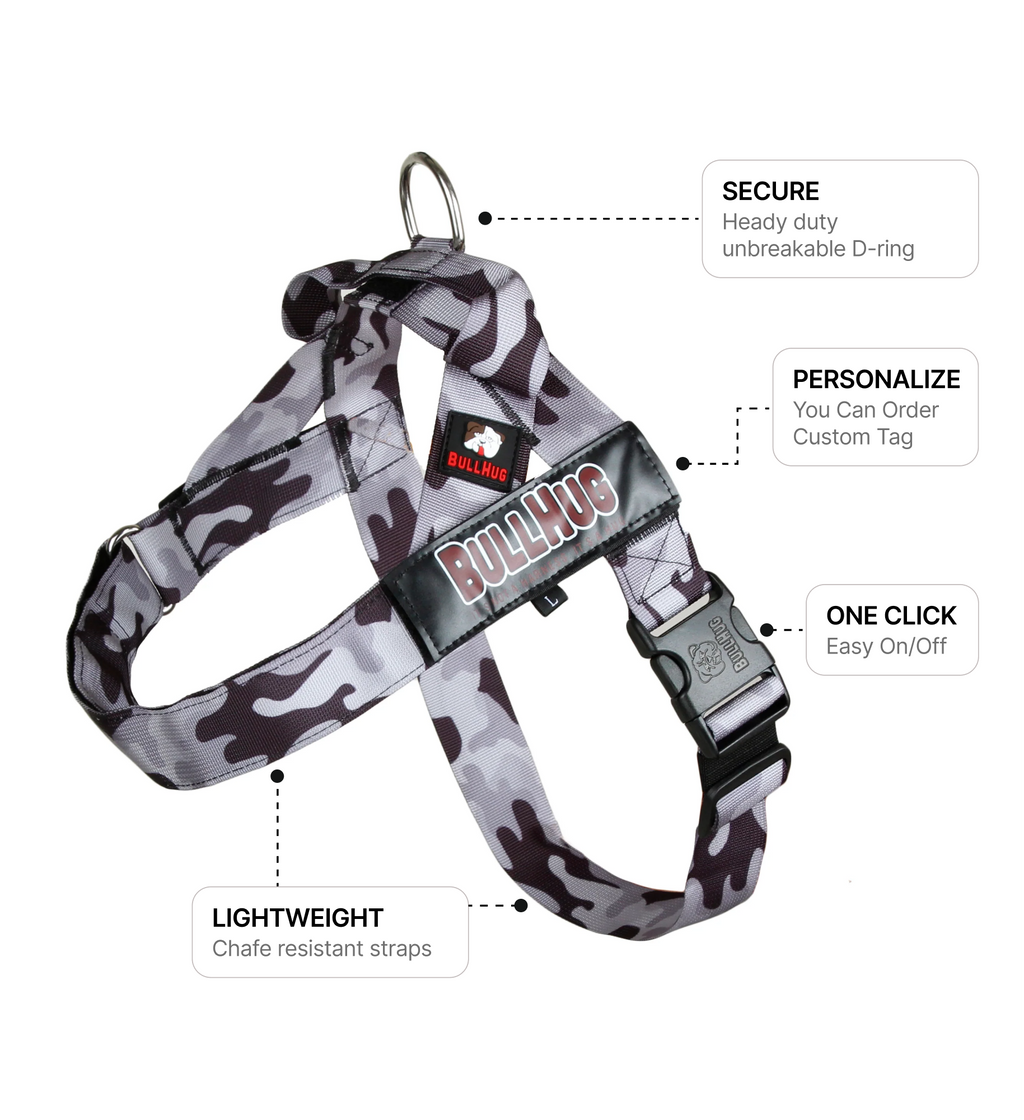 Gray Camouflage BullHug Dog Harness – Non-Choking, Adjustable