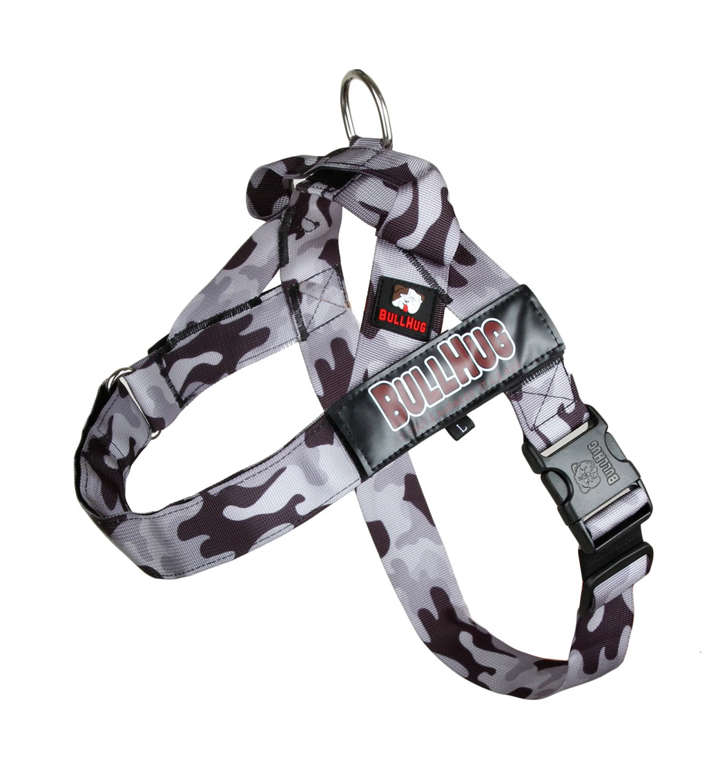 Gray Camouflage BullHug Dog Harness – Non-Choking, Adjustable