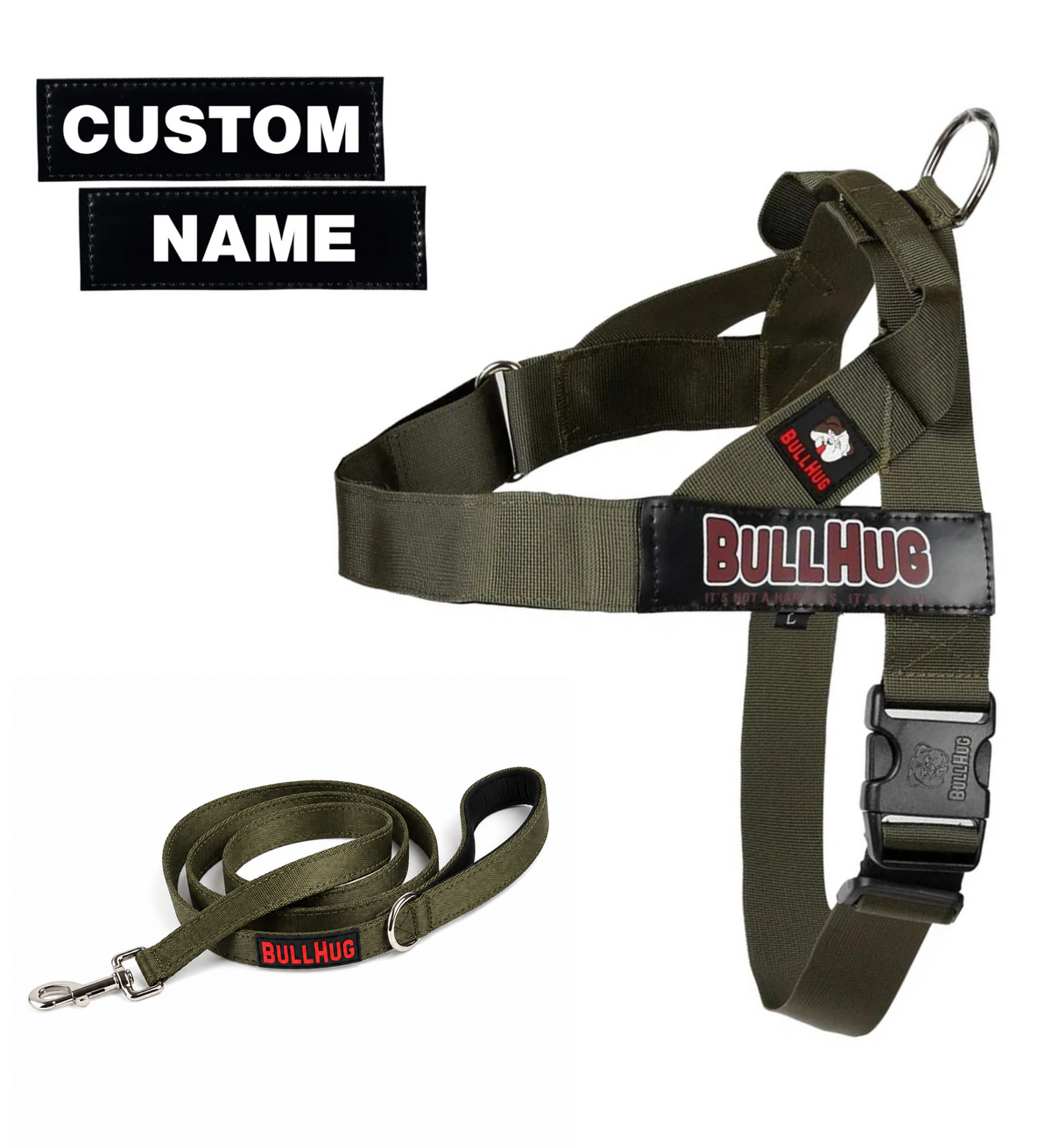 Olive Green BullHug Dog Harness & Leash Combo