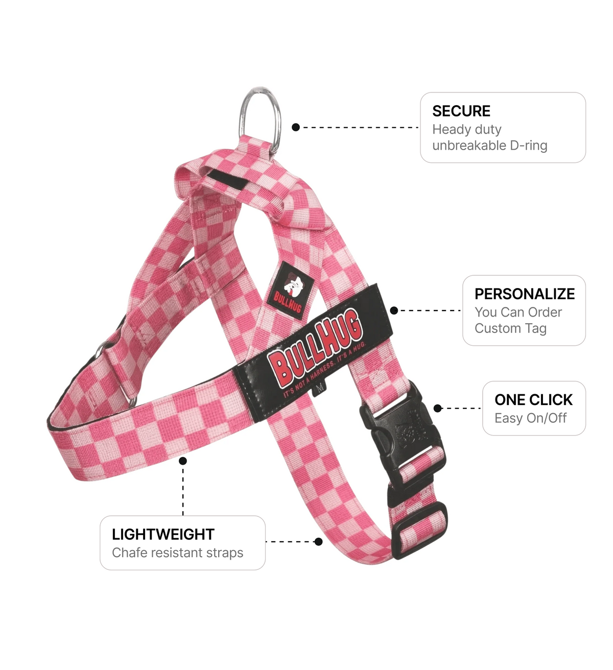 Pink Checkers BullHug Dog Harness – Non-Choking, Adjustable