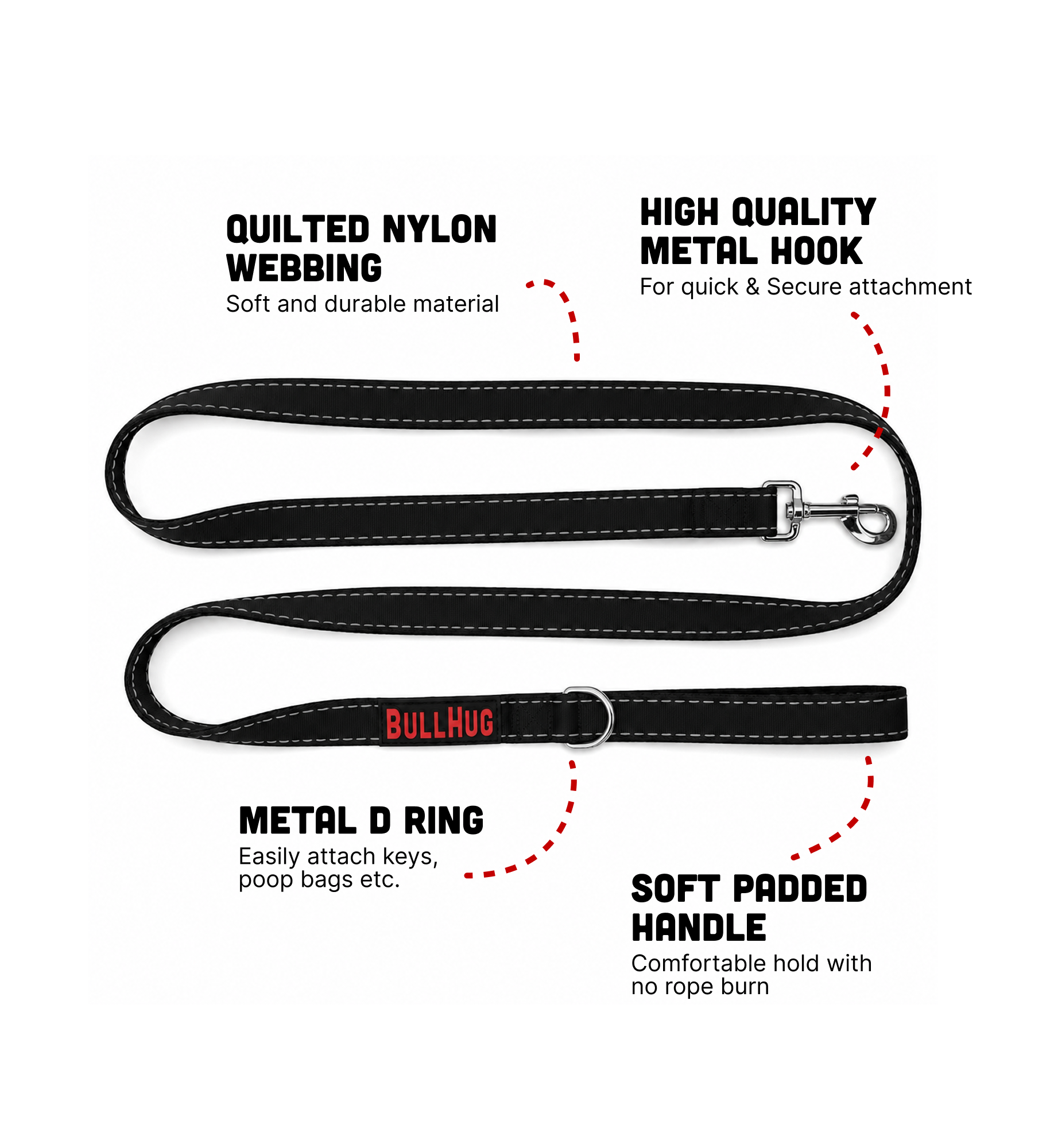 Black BullHug 6ft Dog Leash – Padded Handle