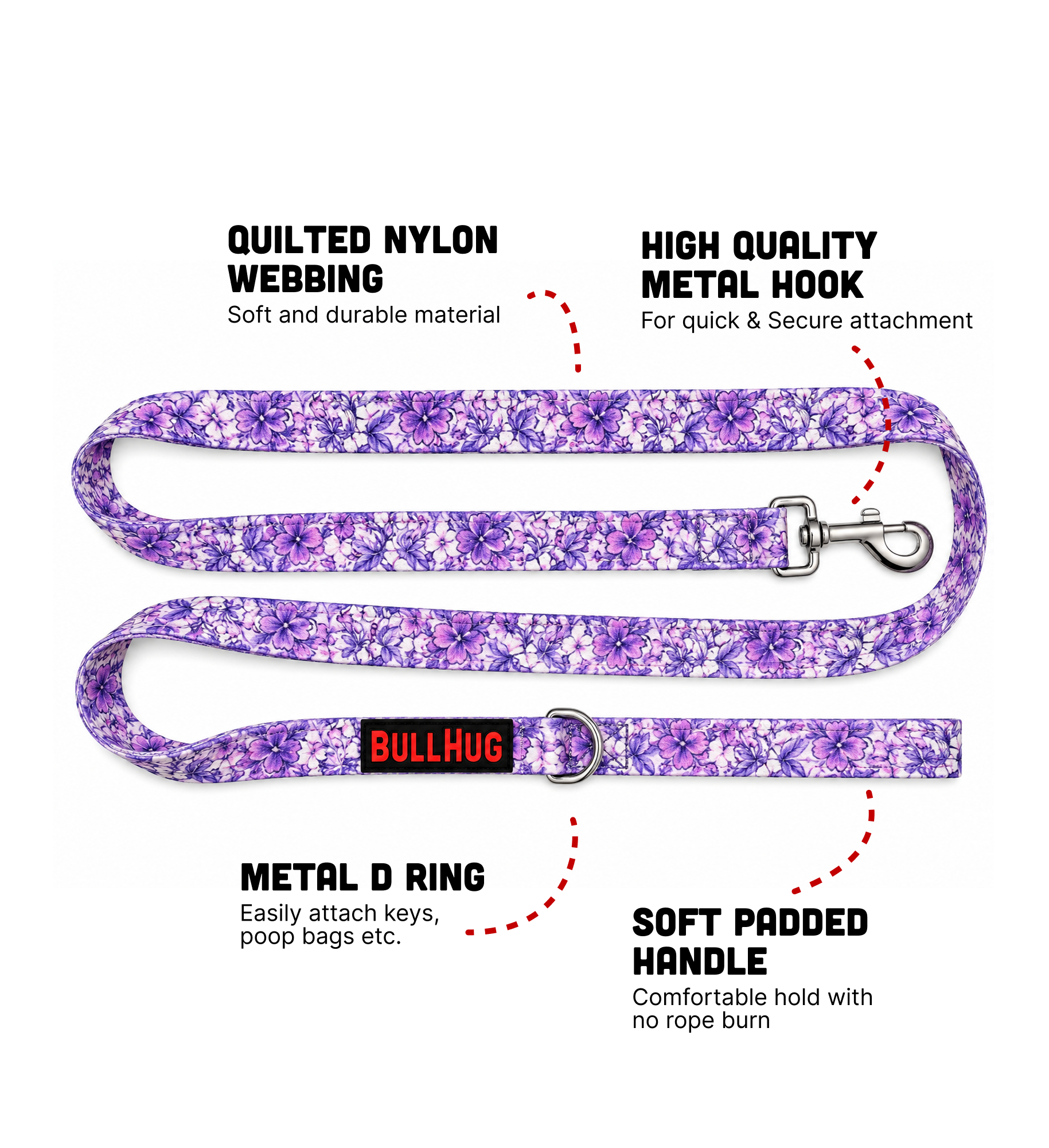 Purple Floral BullHug 6ft Dog Leash – Padded Handle