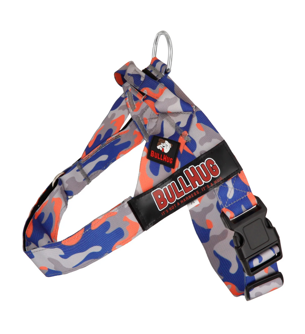Orange & Royal Blue Camo BullHug Dog Harness – Non-Choking, Adjustable