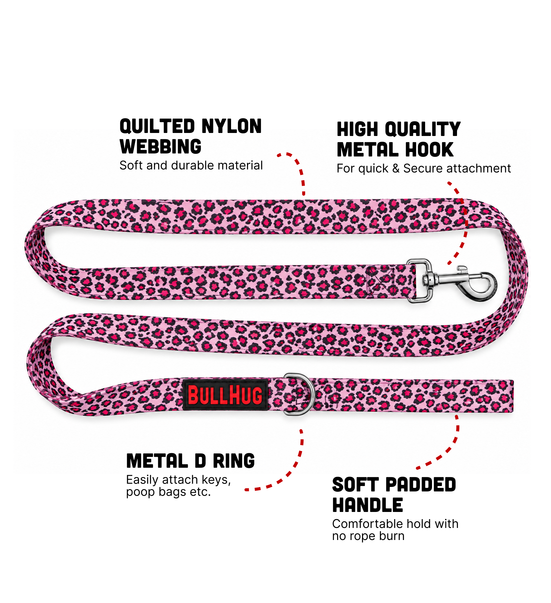 Pink Leopard BullHug 6ft Dog Leash – Padded Handle