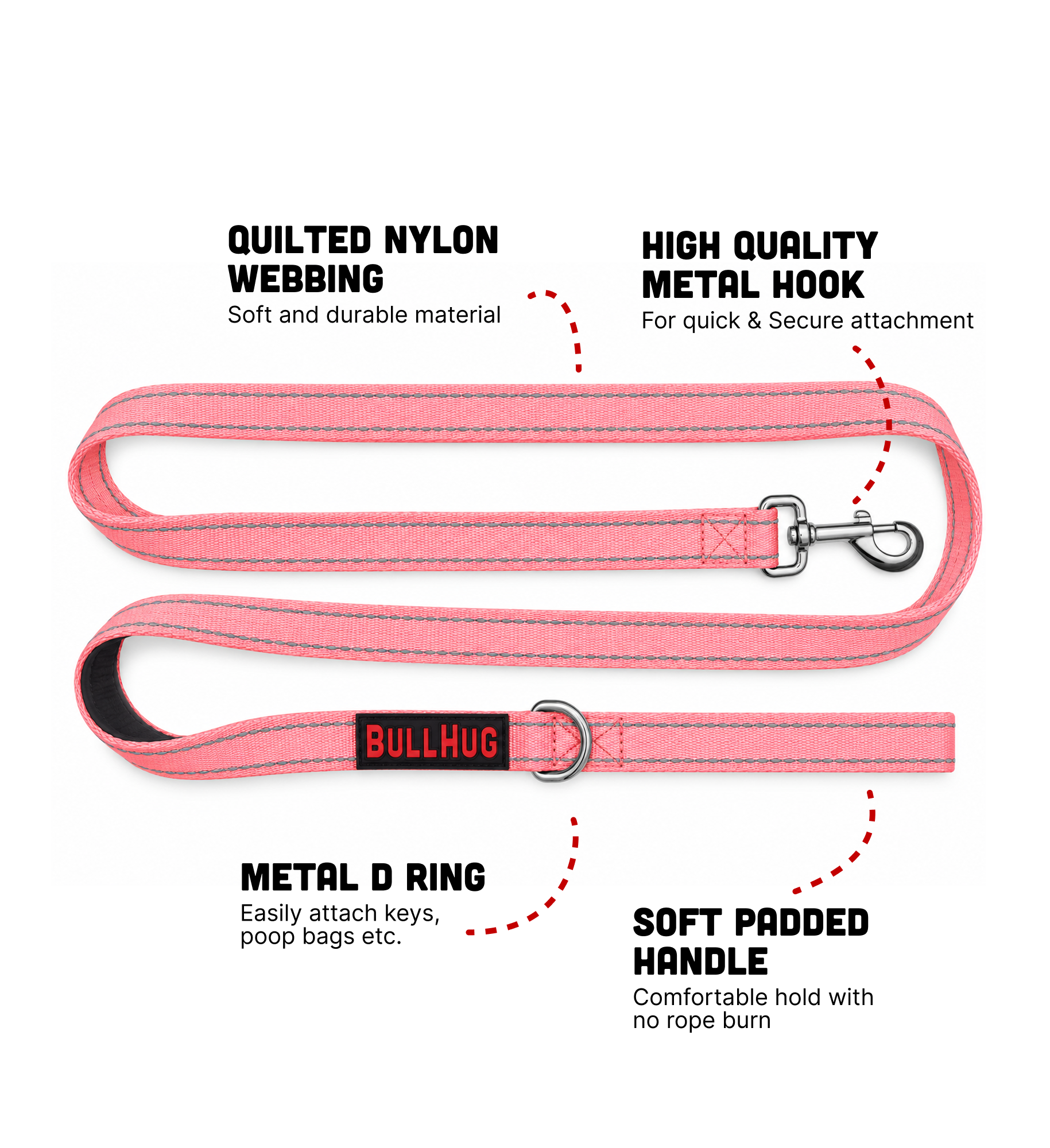 Baby Pink BullHug 6ft Dog Leash – Padded Handle