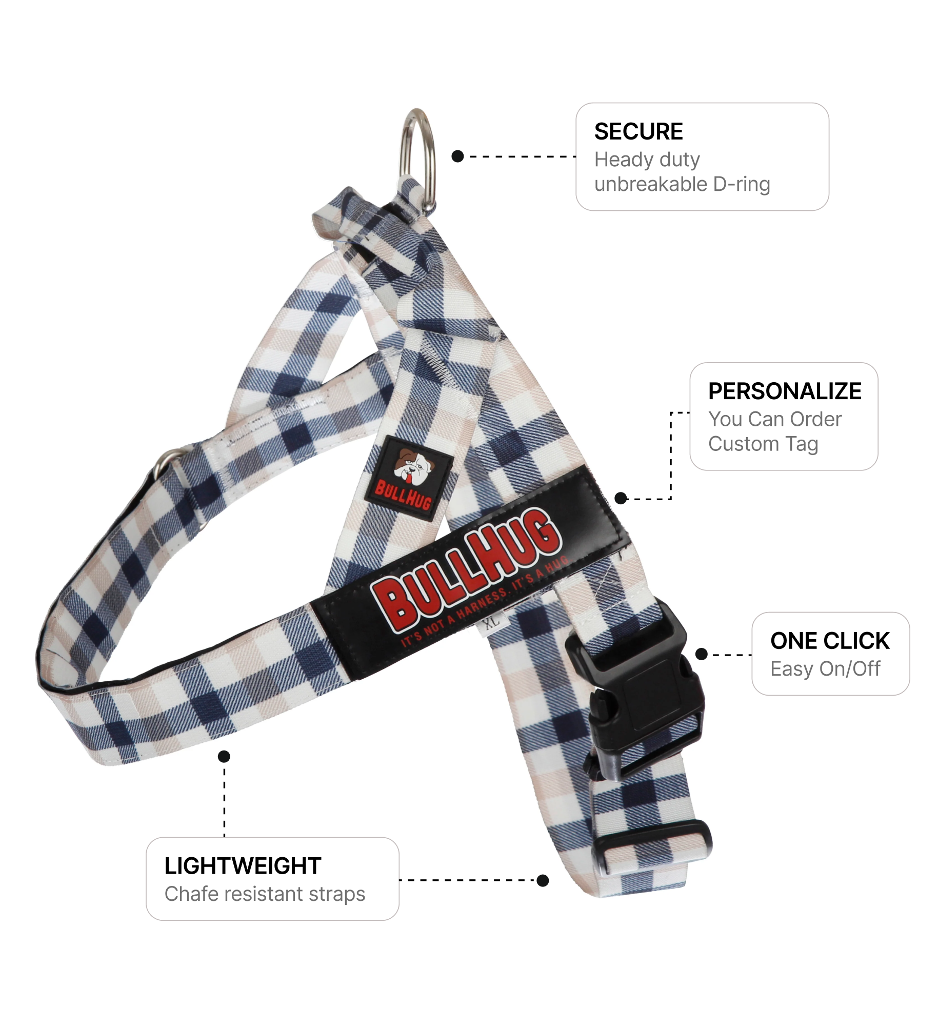 Blue & Tan Plaid BullHug Dog Harness – Non-Choking, Adjustable