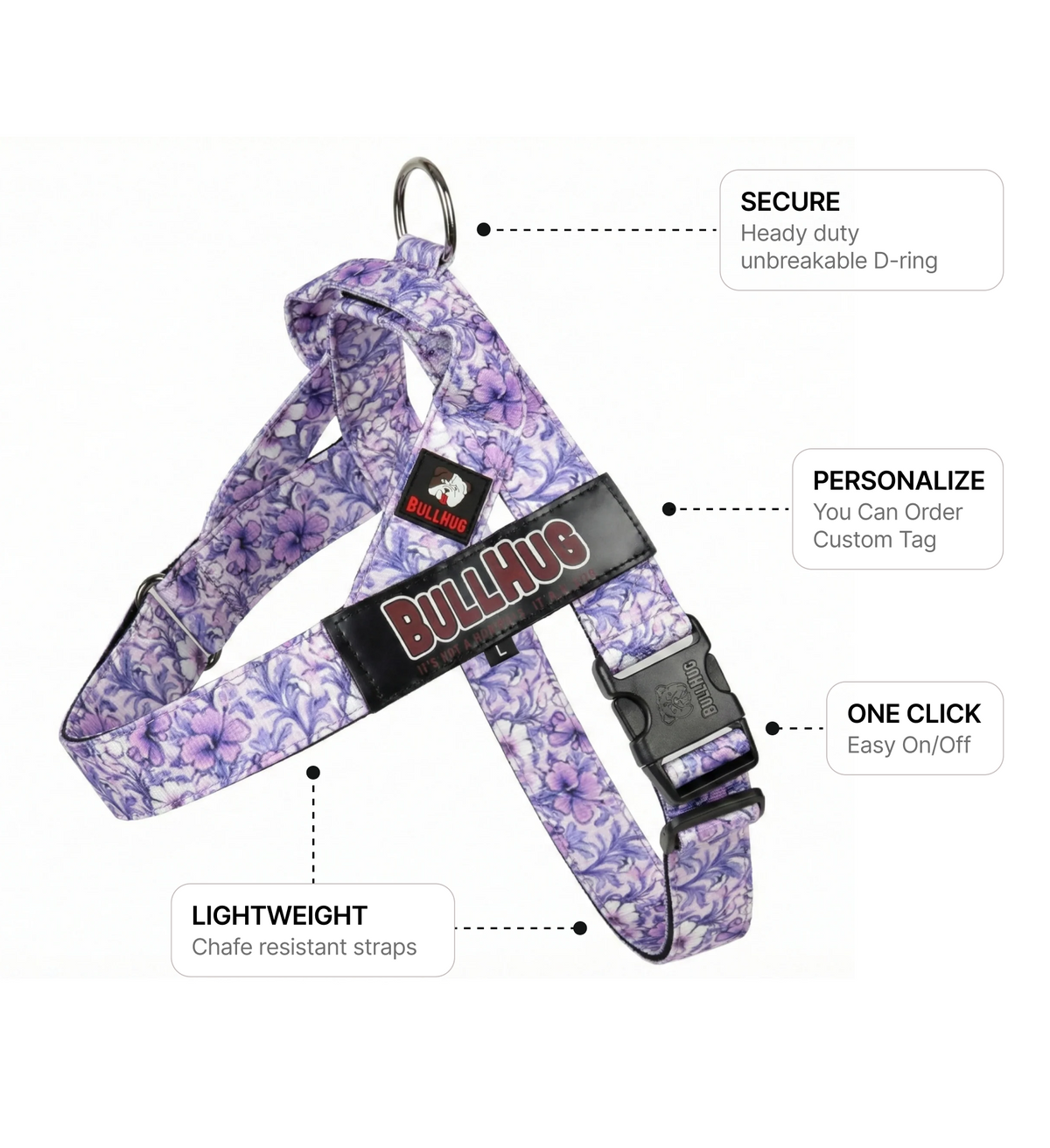 Purple Floral BullHug Dog Harness – Non-Choking, Adjustable