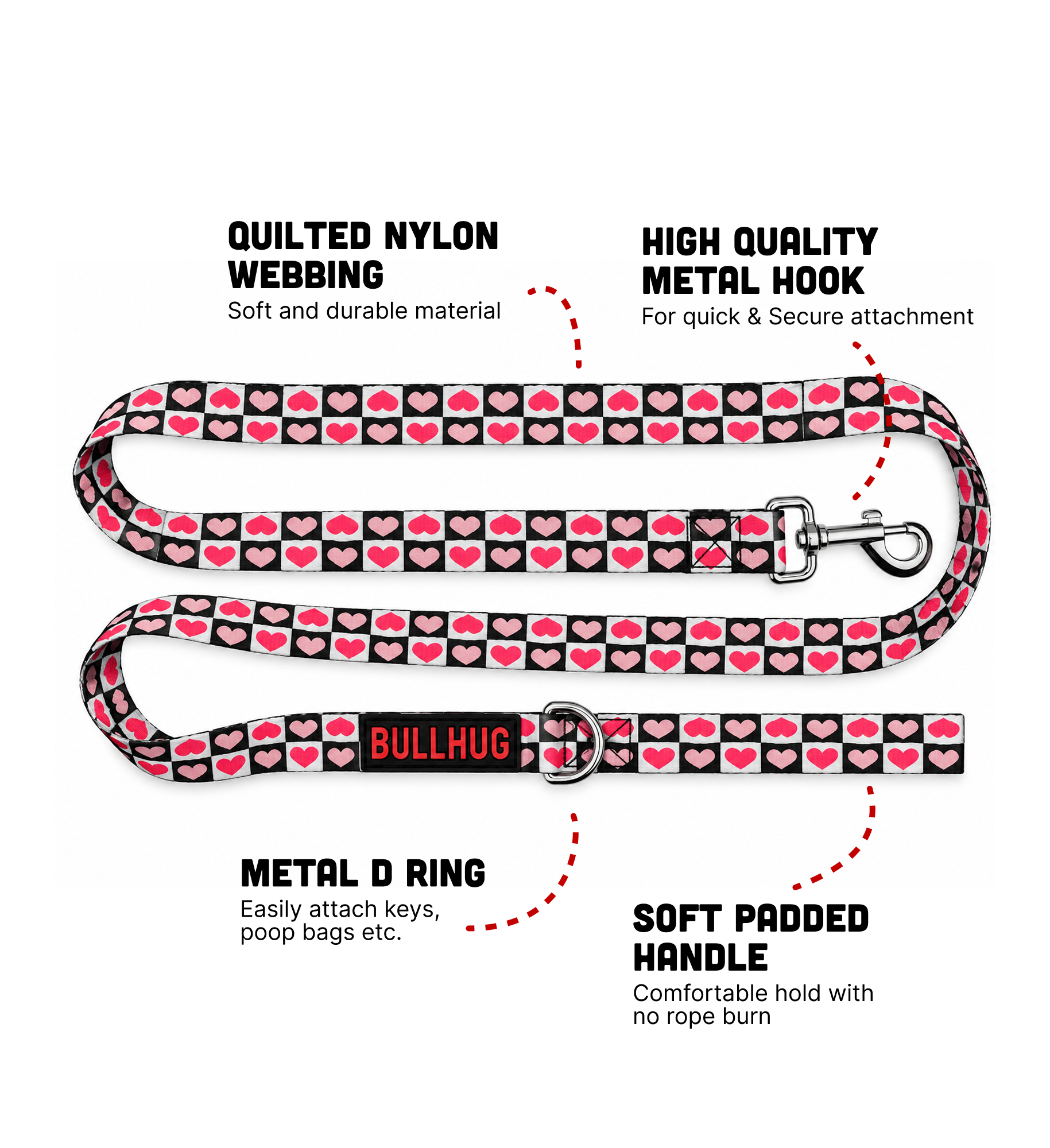 Checkered Hearts BullHug 6ft Dog Leash – Padded Handle