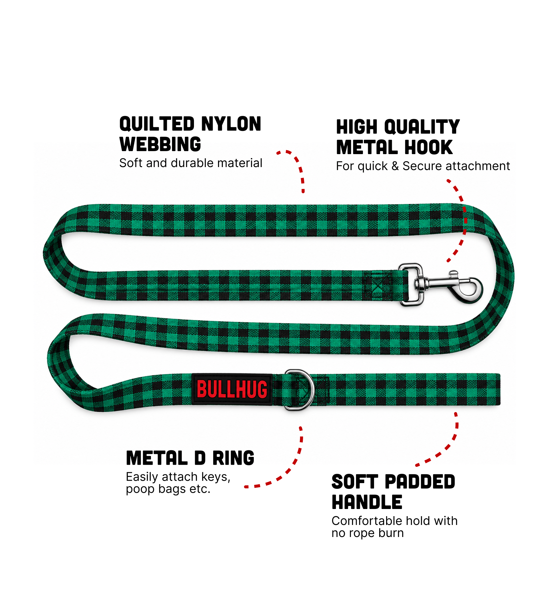 Buffalo Plaid Green BullHug 6ft Dog Leash – Padded Handle
