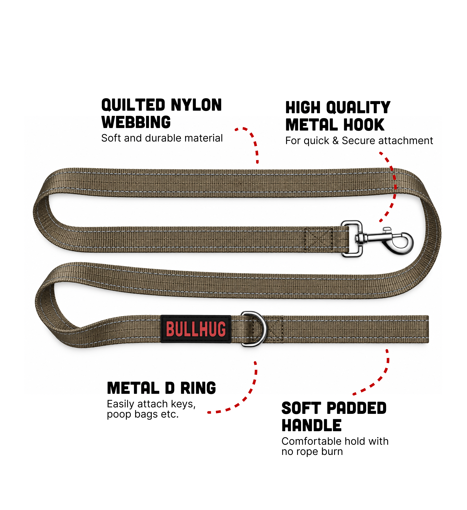 Taupe BullHug 6ft Dog Leash – Padded Handle