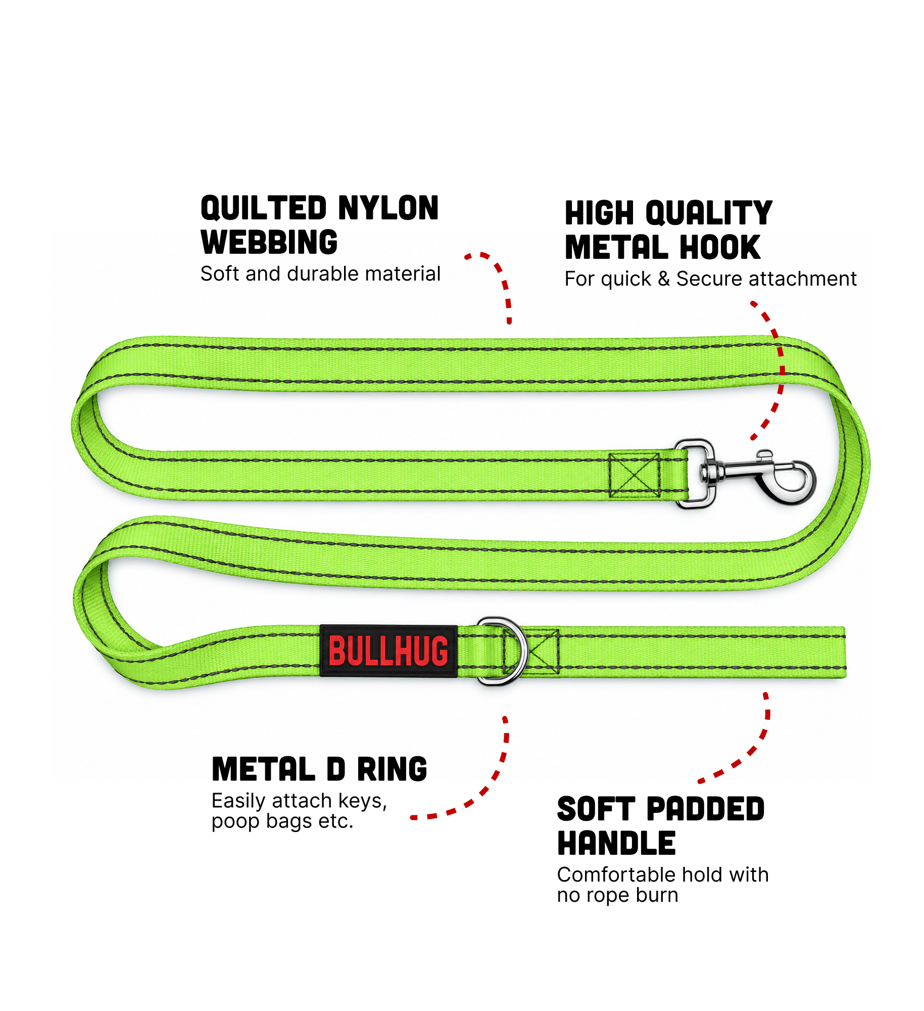 Neon Green BullHug 6ft Dog Leash – Padded Handle