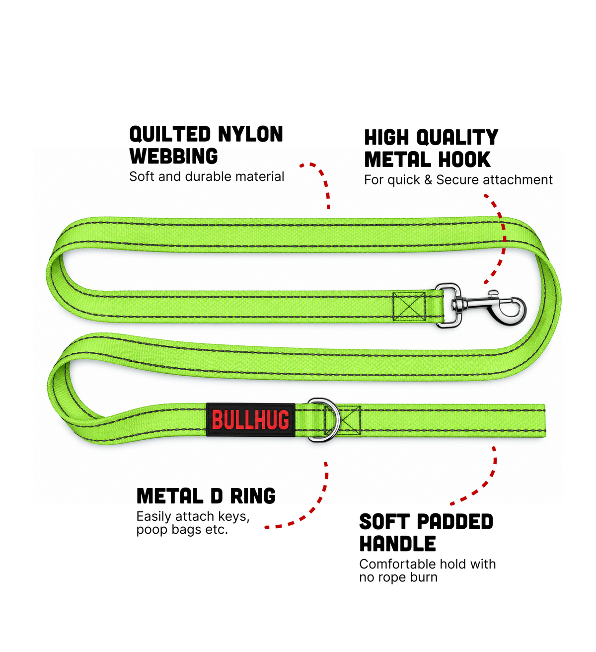 Neon Green BullHug 6ft Dog Leash – Padded Handle
