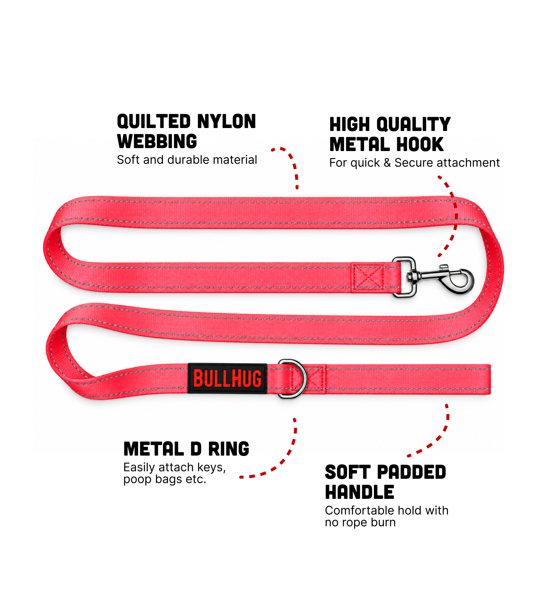 Neon Pink BullHug 6ft Dog Leash – Padded Handle