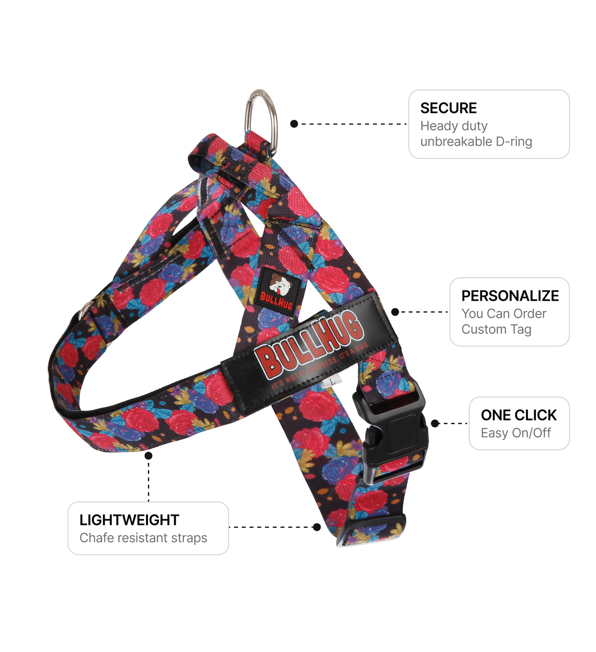 Black Floral BullHug Dog Harness – Non-Choking, Adjustable