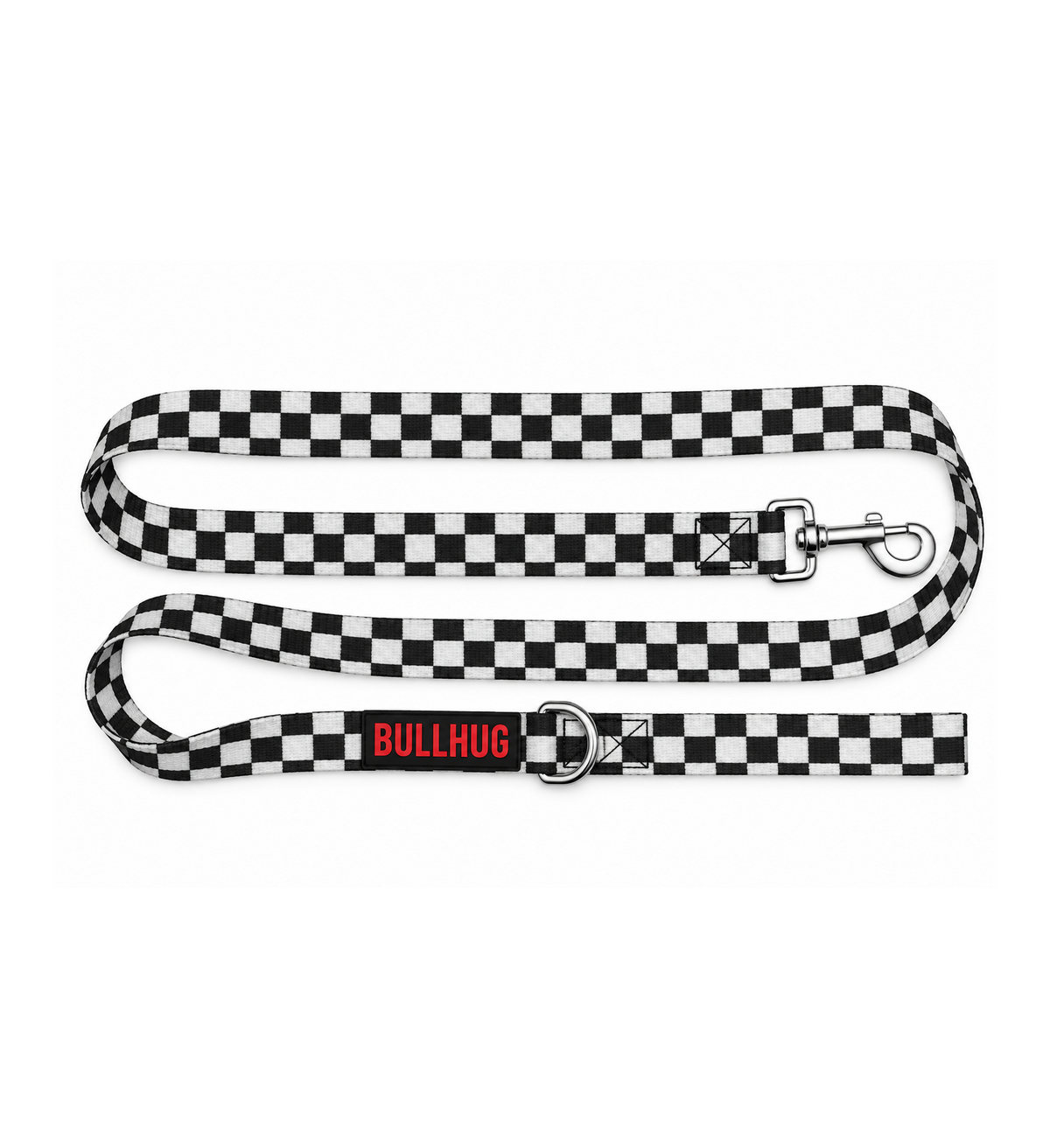 A black and white checkered dog leash with a silver metal clasp and a red 'BULLHUG' logo patch, displayed on a clean white background.