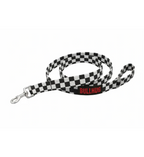 A black and white checkered dog leash with a silver metal snap hook and a red 'BULLHUG' logo patch, displayed on a clean white background.