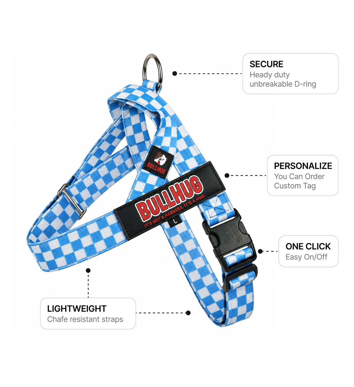 Blue Checkers BullHug Dog Harness – Non-Choking, Adjustable