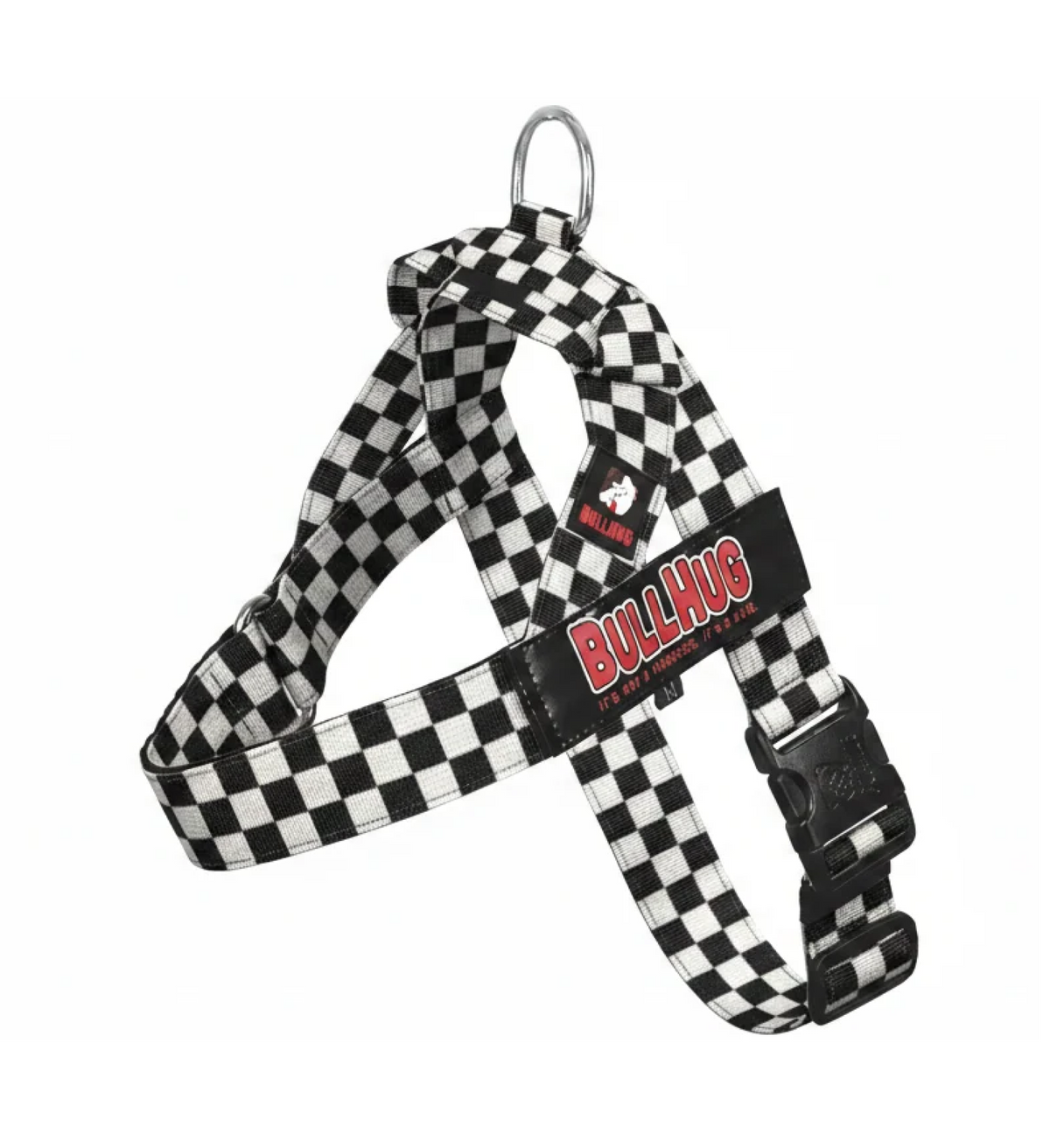 A black and white checkered dog harness with a black plastic buckle and a silver metal D-ring at the top. The center strap features a black patch with the brand name 'BULLHUG' in red and white.