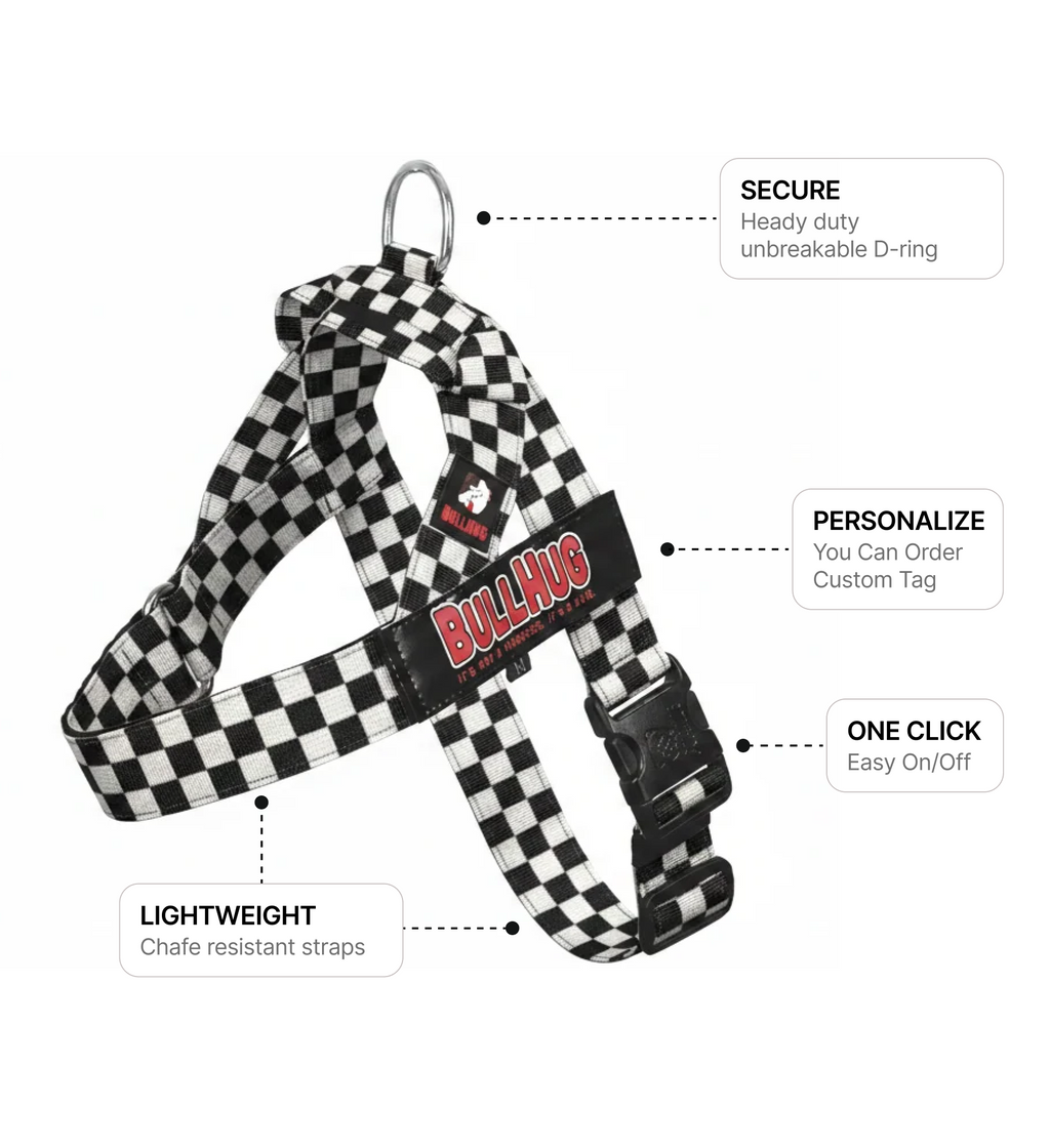 Black and White Checkers Dog Harness – Non-Choking, Adjustable