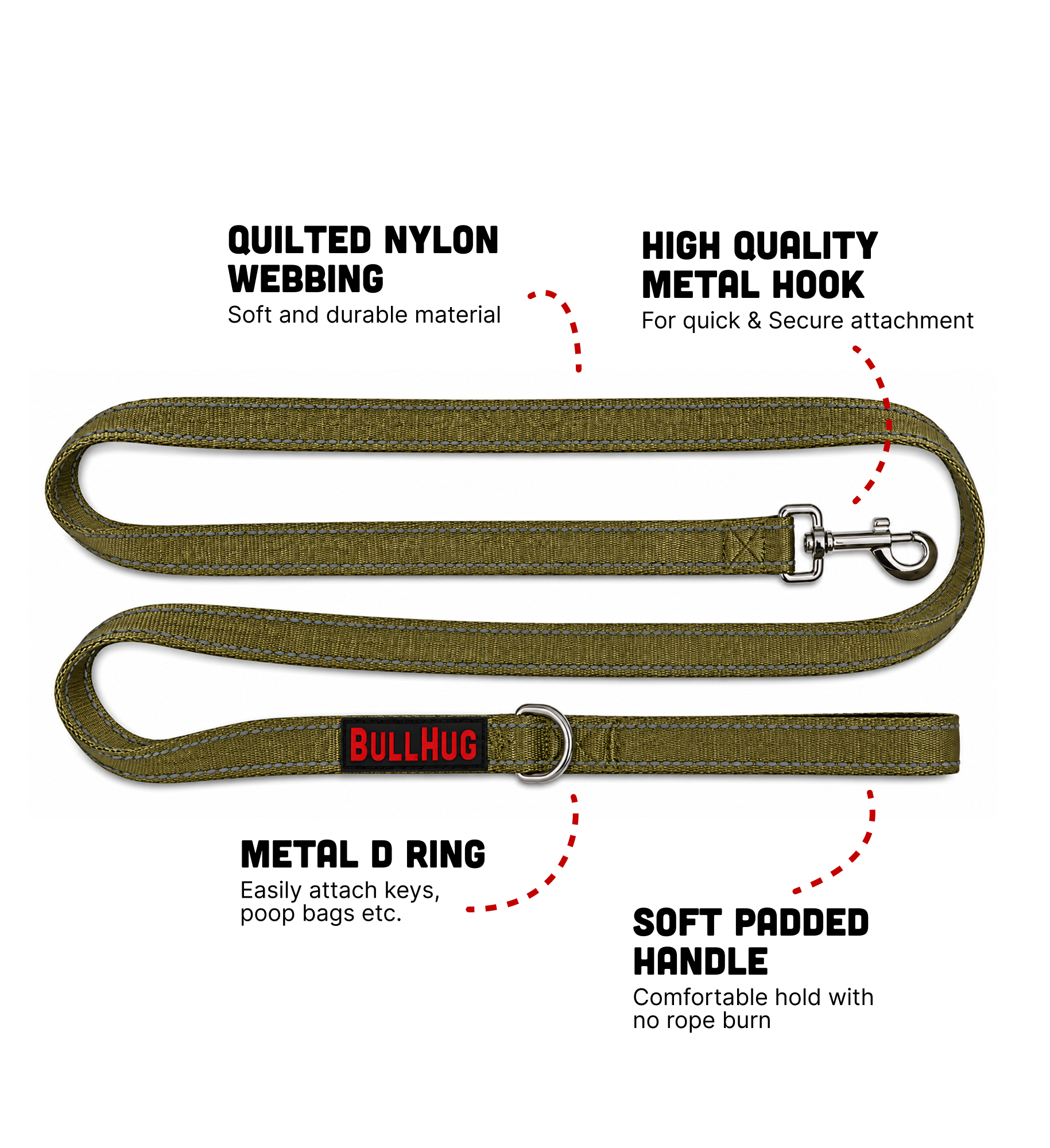 Olive Green BullHug 6ft Dog Leash – Padded Handle