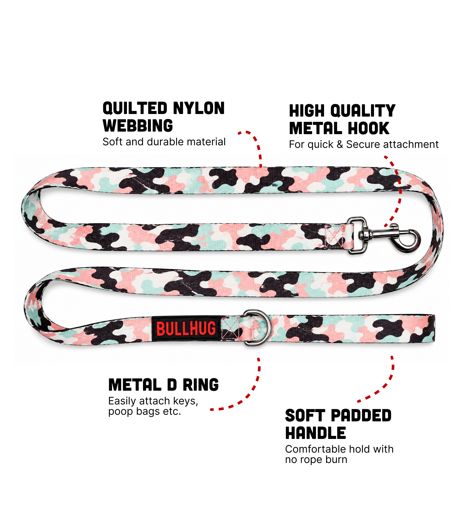 Pink & Mint Camouflage BullHug 6ft Dog Leash – Padded Handle