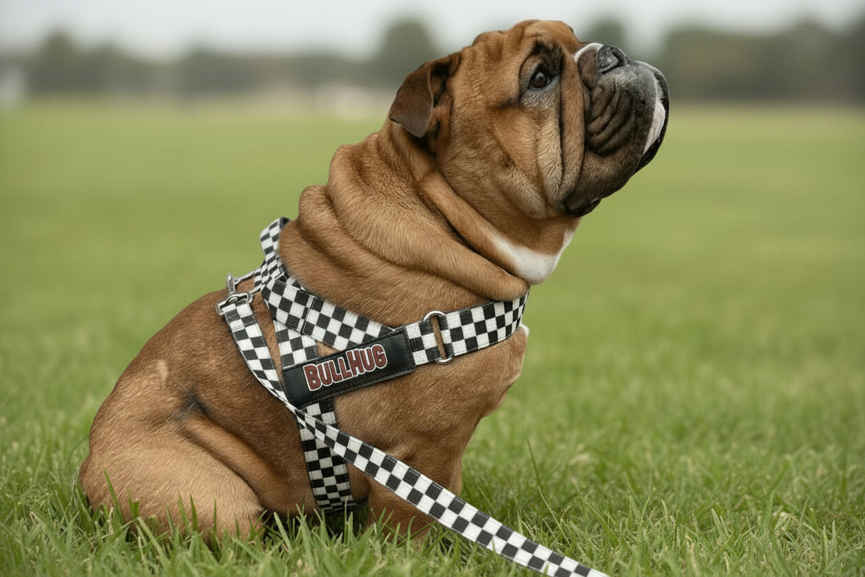 Blue Checker Bullhug dog harness