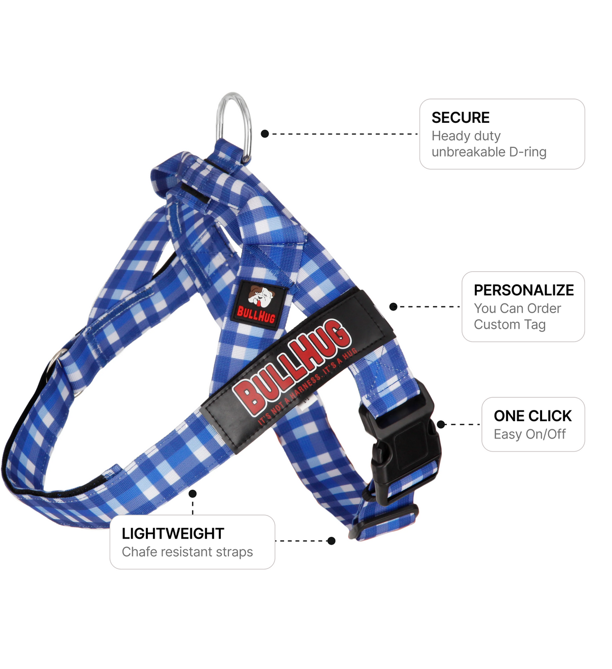 Blue Plaid BullHug Dog Harness – Non-Choking, Adjustable