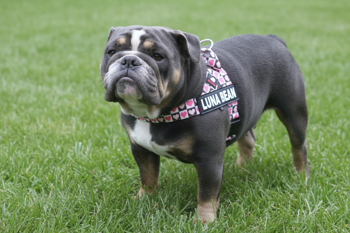 BullHug Checkered Heart Dog Harness on BullDog