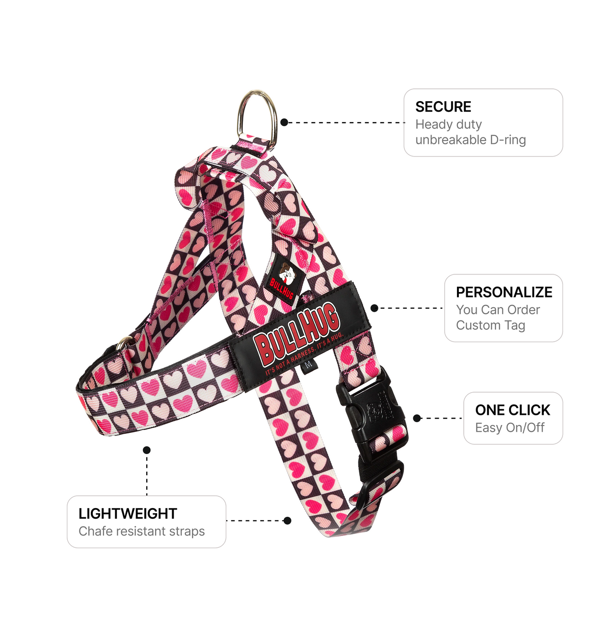 Checkered Hearts BullHug Dog Harness – Non-Choking, Adjustable