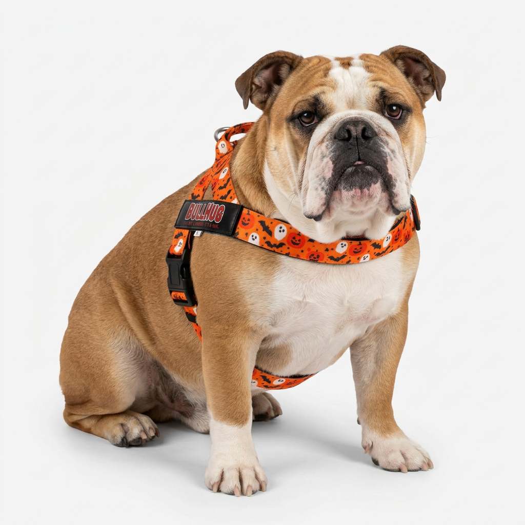 english bulldog with halloween print bullhug harness 