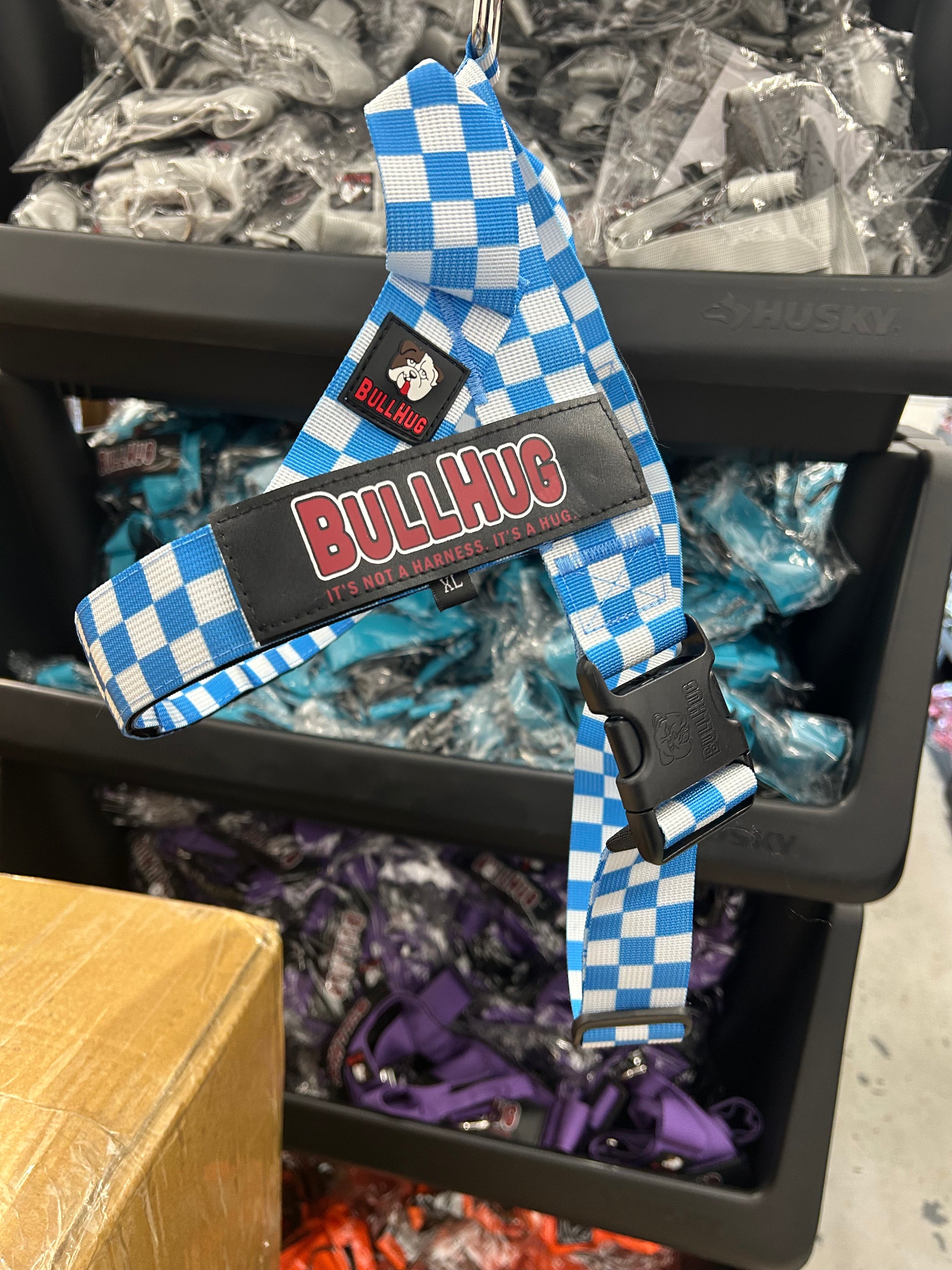 BullHug Dog Harness Blue Checker Pattern