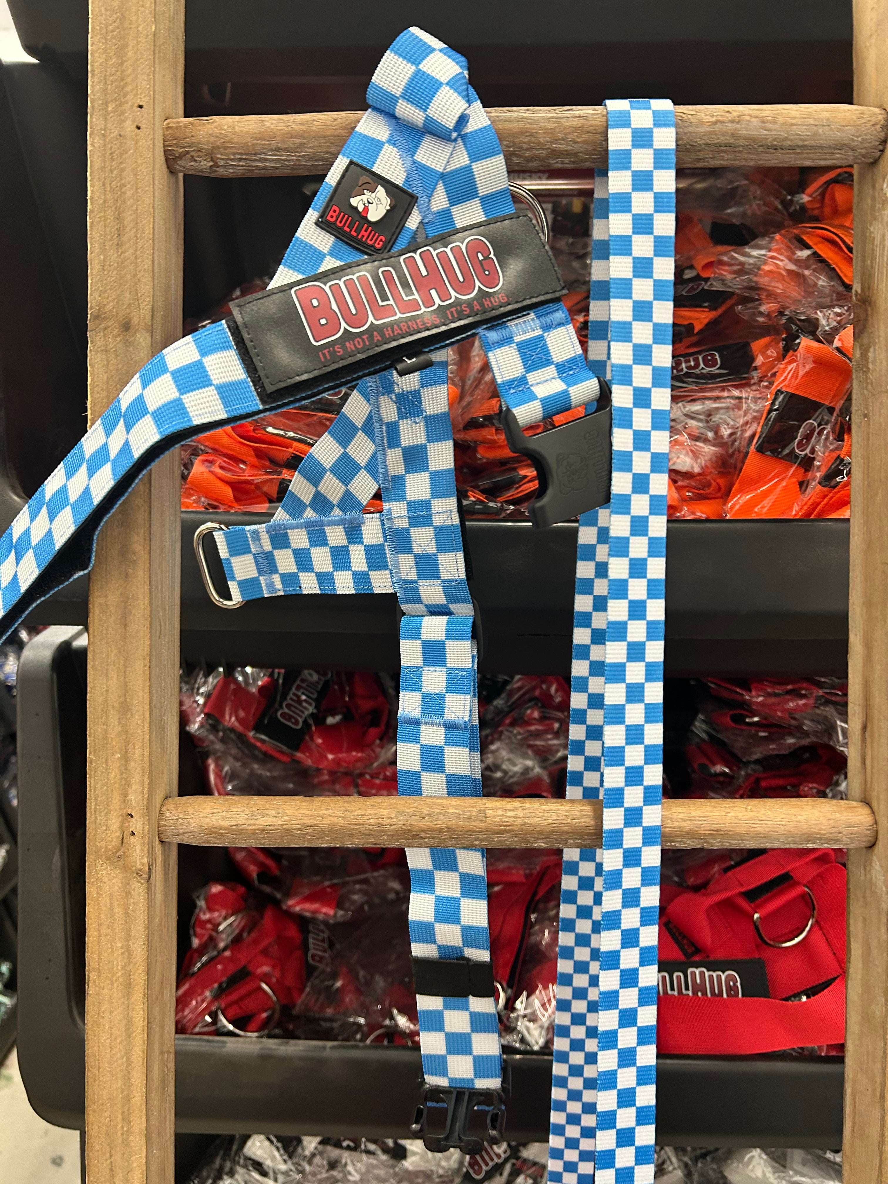 Blue Checker BullHug Dog Harness & Leash for Bulldogs