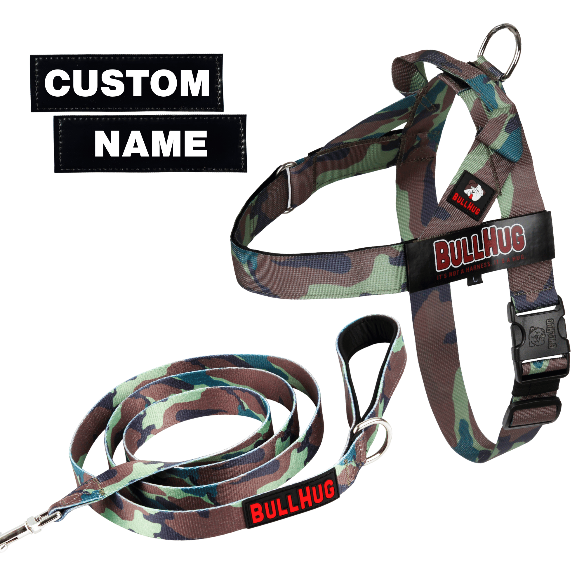 bullhug essentials combo with dog harness, leash and custom name tag - army camo