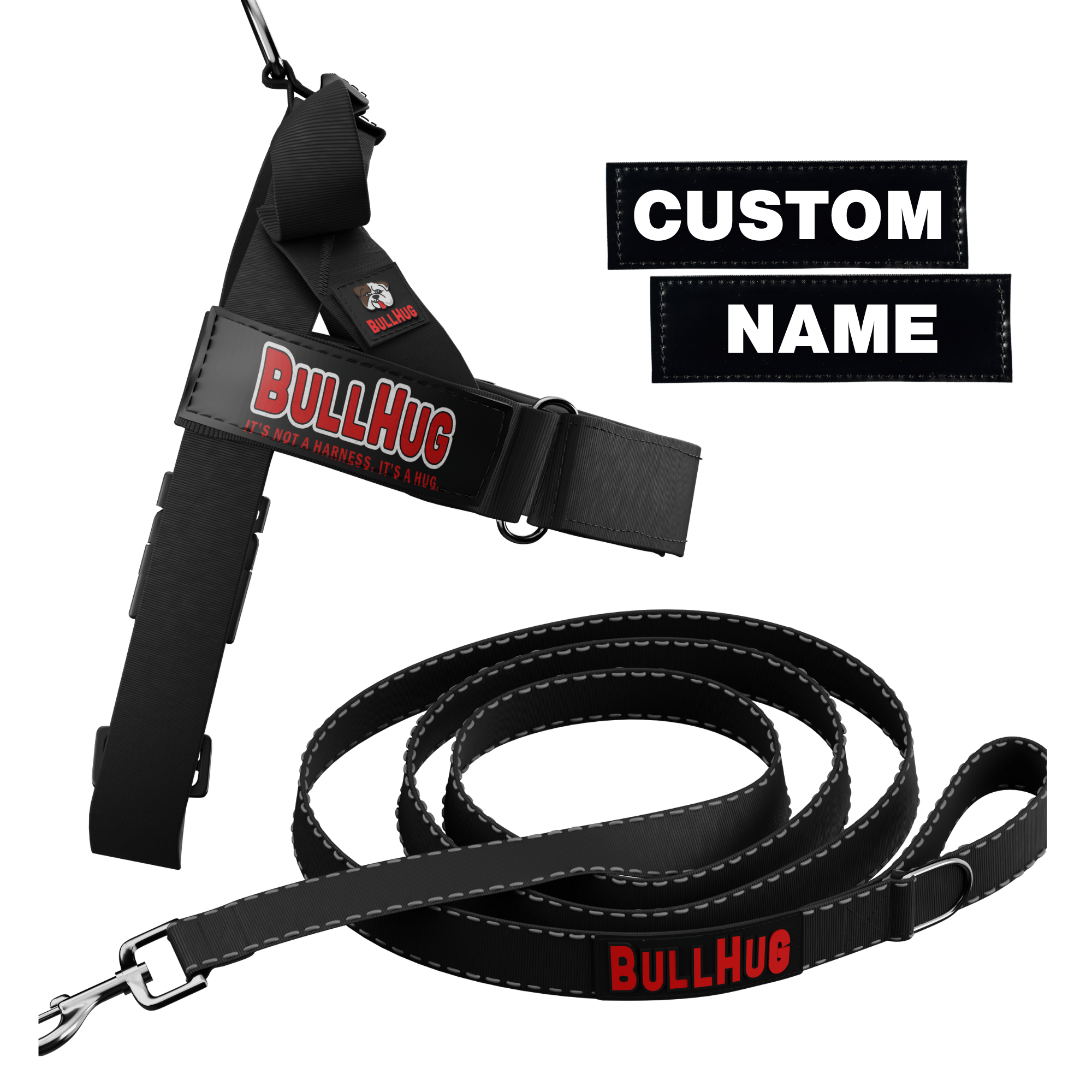 bullhug essentials combo with dog harness, leash and custom name tag - black