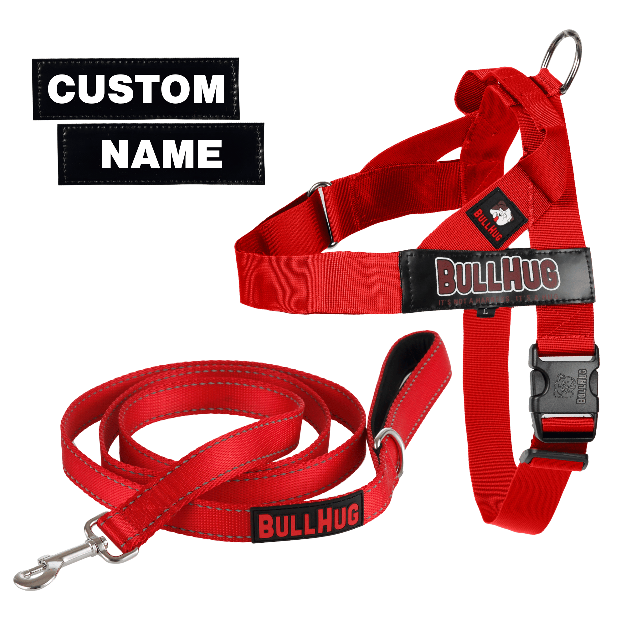 bullhug essentials combo with dog harness, leash and custom name tag - fire engine red