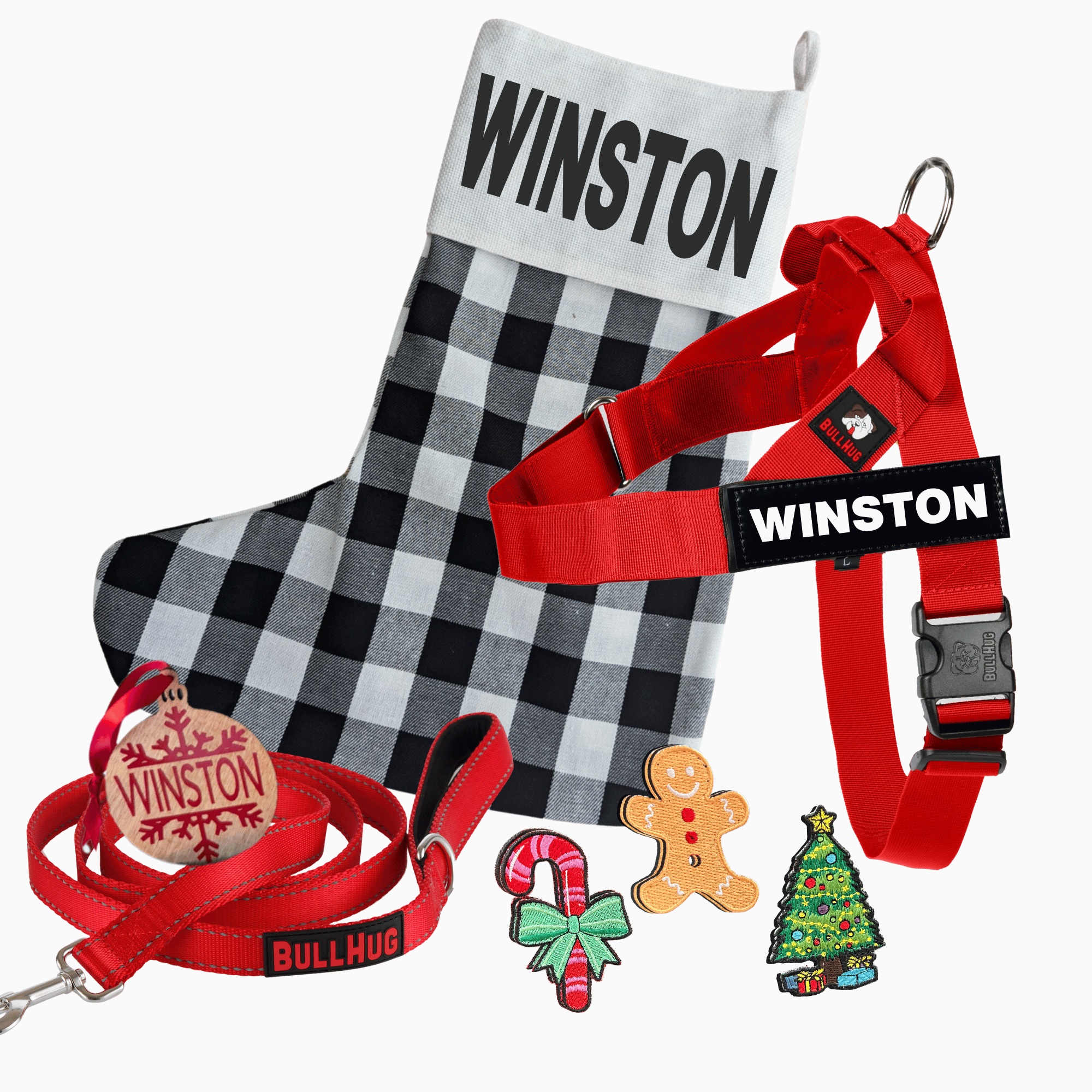 Bullhug Festive Red Holiday Gift Set with Dog Harness, Leash & Custom Stocking