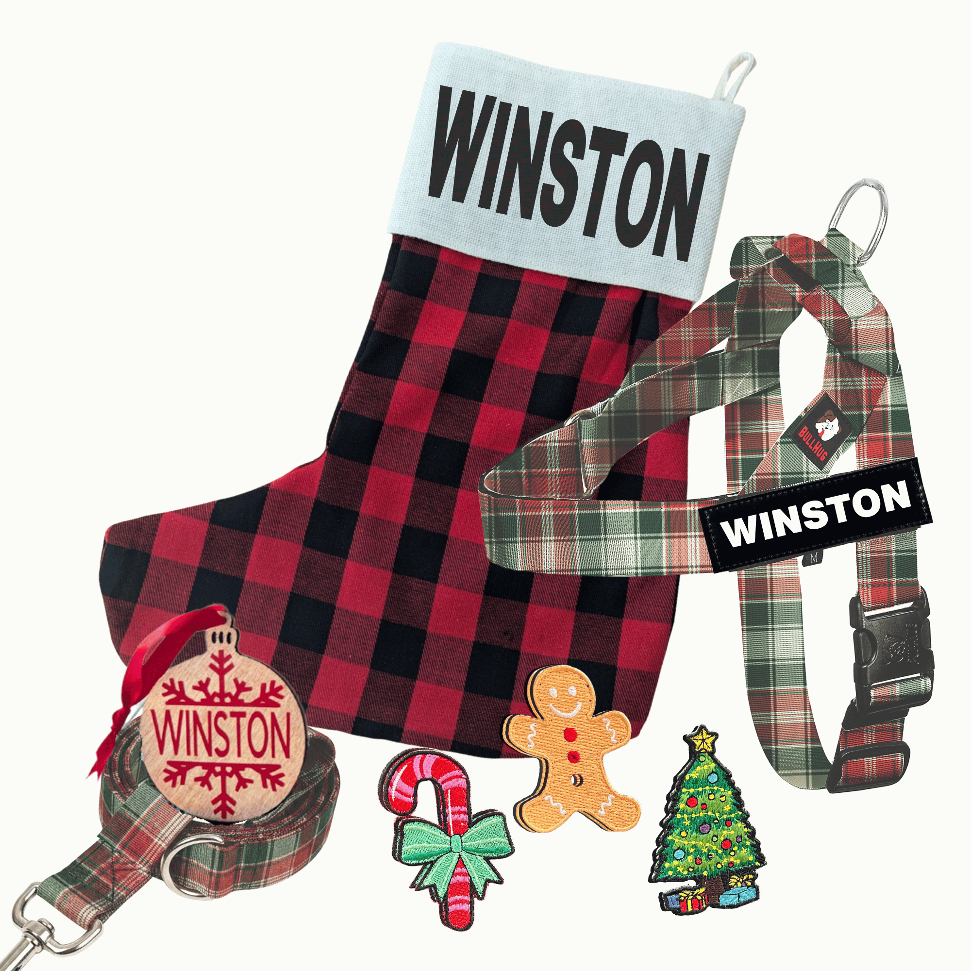 BullhugHolly Plaid Holiday Gift Set with Dog Harness, Leash & Custom Stocking
