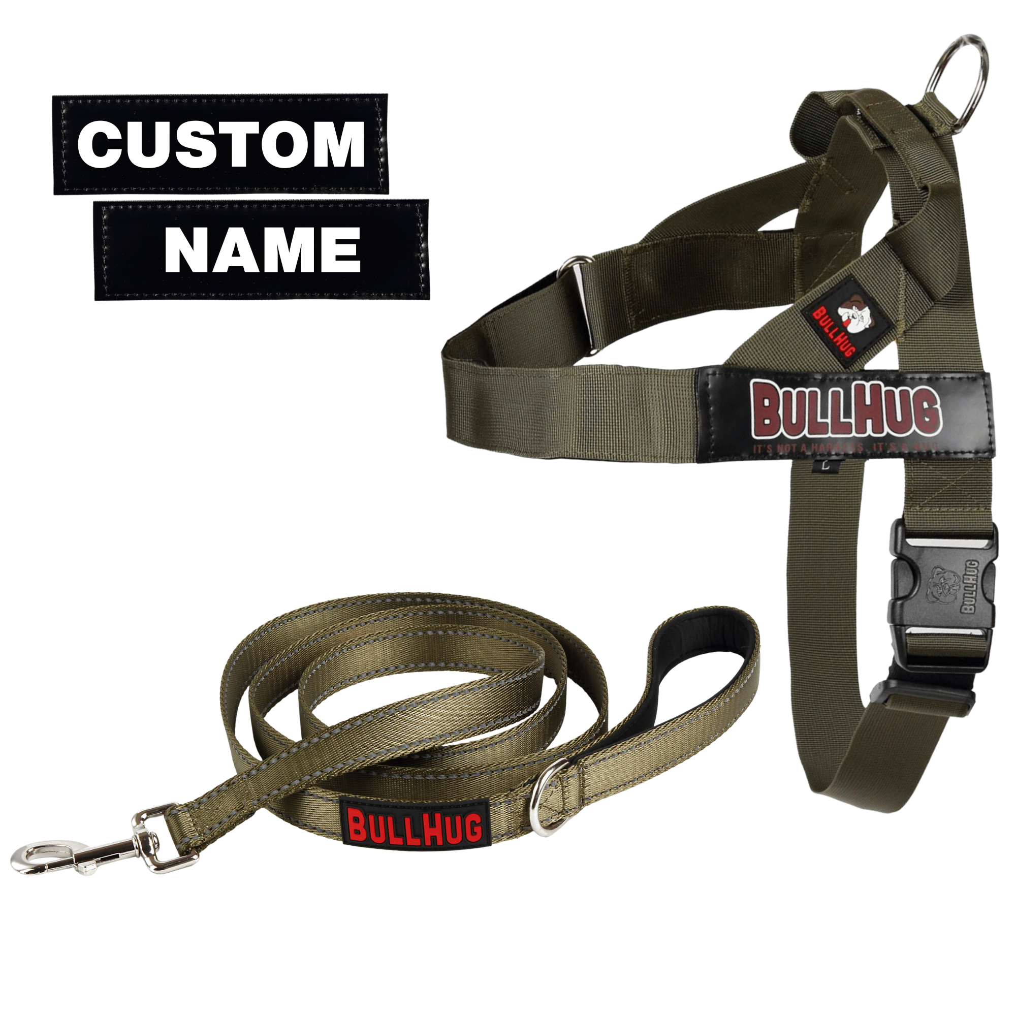 olive green bullhug no-choke dog harness & leash set