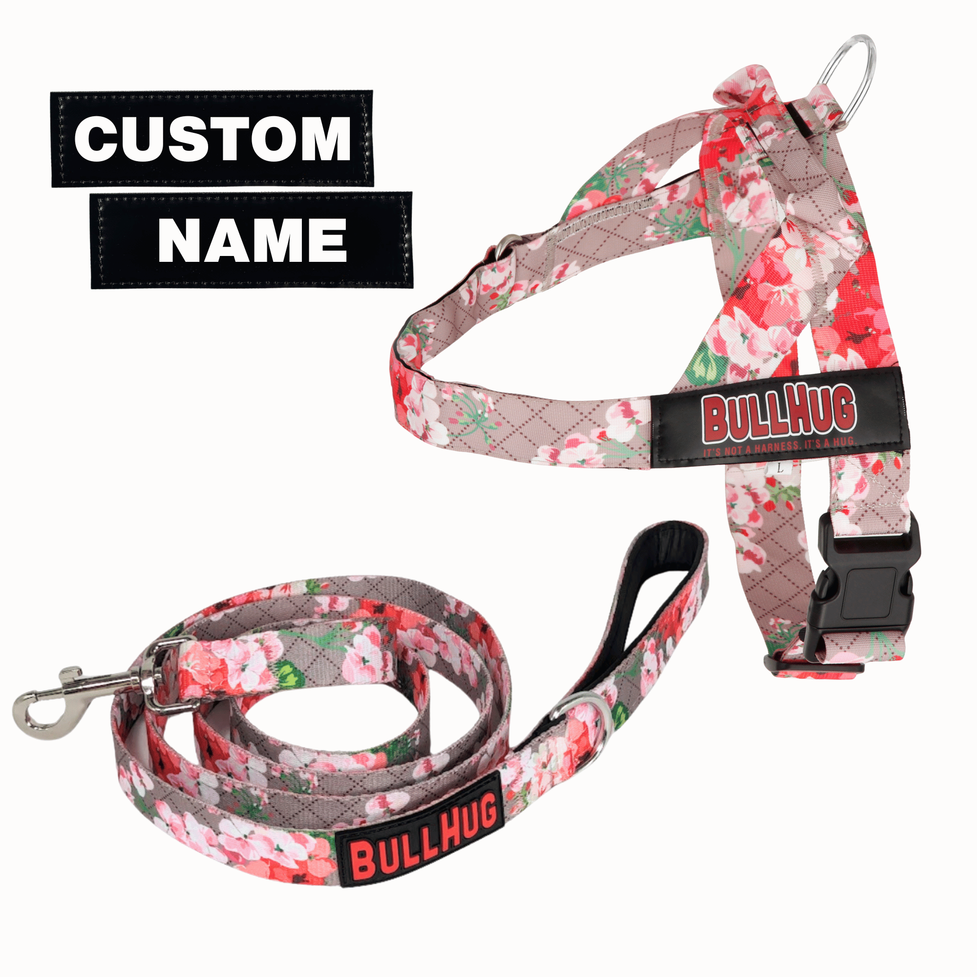 pink floral bullhug no-choke dog harness & leash set