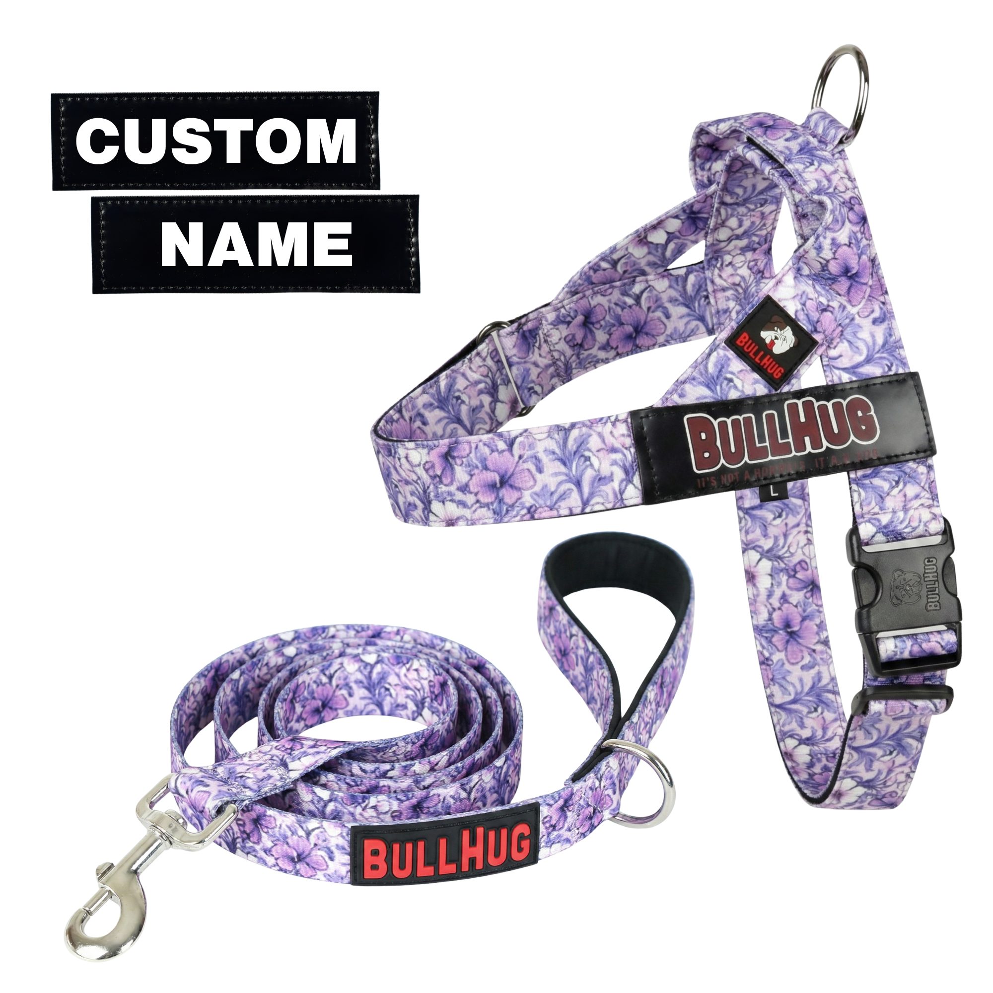Purple Floral BullHug Dog Harness & 6Ft Leash for Bulldogs and Frenchies